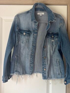 Zenana Outfitters Faded Light Blue Distressed Denim Jacket